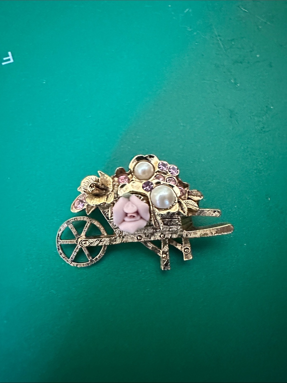 Vintage Gold Floral Wheelbarrow Pin with Pink Rose and Pearls